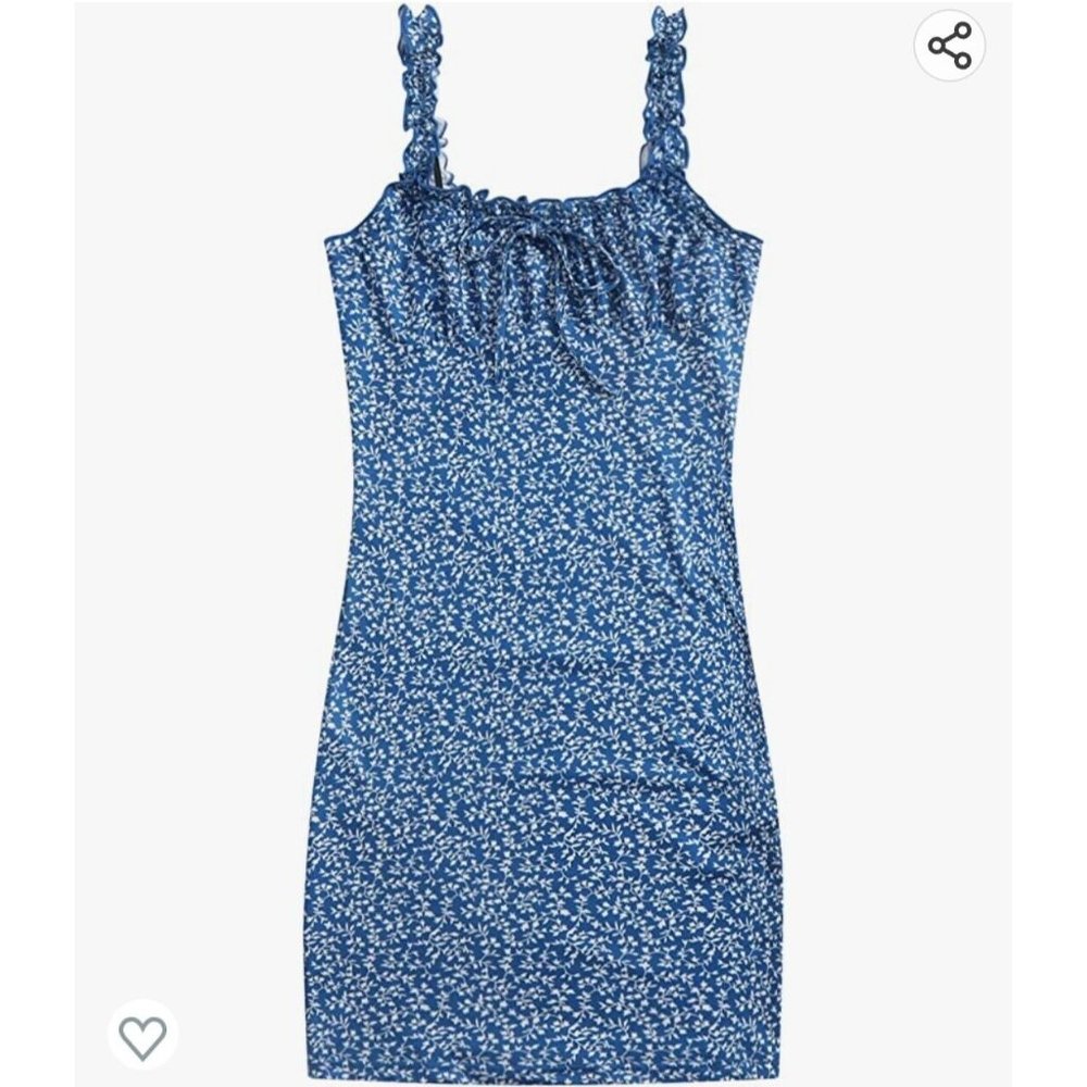 SheIn Women's Floral Ruched Mini Bodycon Dress Tie Front Frill Sleeveless Short